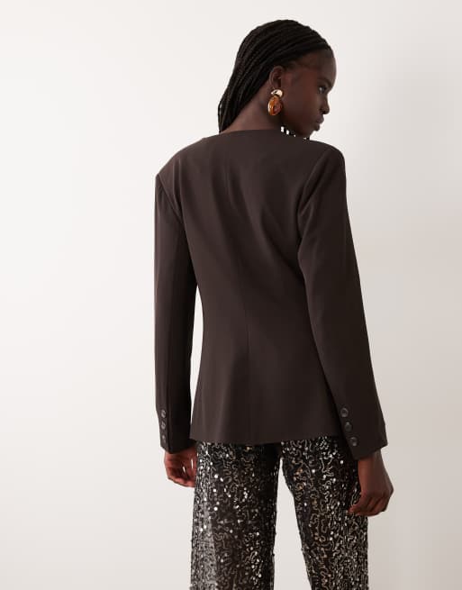 AWARE blazer sartoriale monopetto con scollo a V marrone cioccolato, 4 di 4