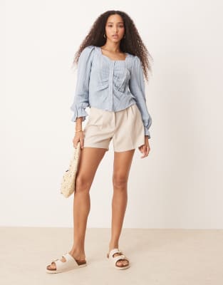 AWARE blouson sleeve crinkle blouse in blue
