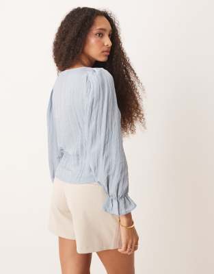 AWARE blouson sleeve crinkle blouse in blue