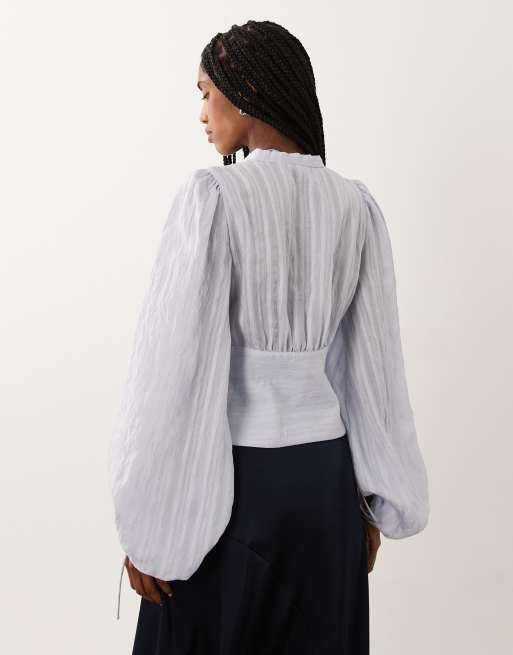 AWARE - blusa boho azul con mangas abullonadas y botones, 4 de 4