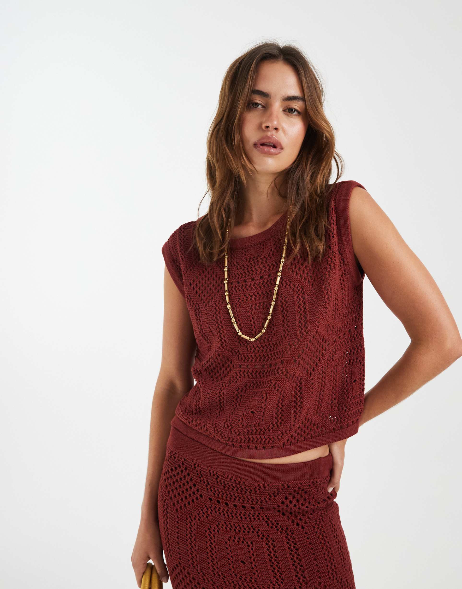 aware boatneck patterned crochet tank top in terracotta - part of a set
