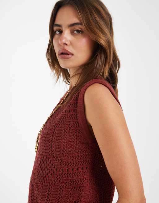 AWARE boatneck patterned crochet tank top in terracotta - part of a set, 3 of 4