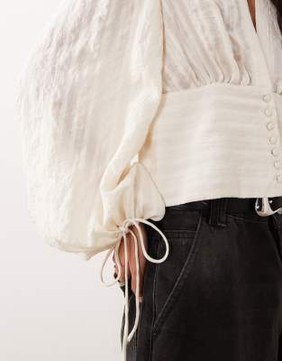 Aware Boho Balloon Sleeve Button Down Blouse In White