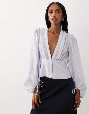Aware Boho Balloon Sleeve Buttondown Blouse In Blue