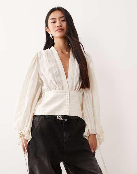AWARE boho balloon sleeve buttondown blouse in cream - view 1