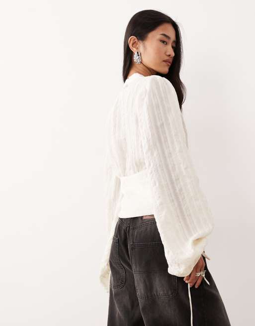 AWARE boho balloon sleeve  buttondown blouse in cream, 3 of 4