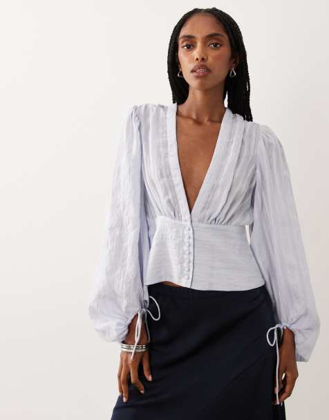 AWARE boho blus med ballongärmar och knappar i blått - view 1