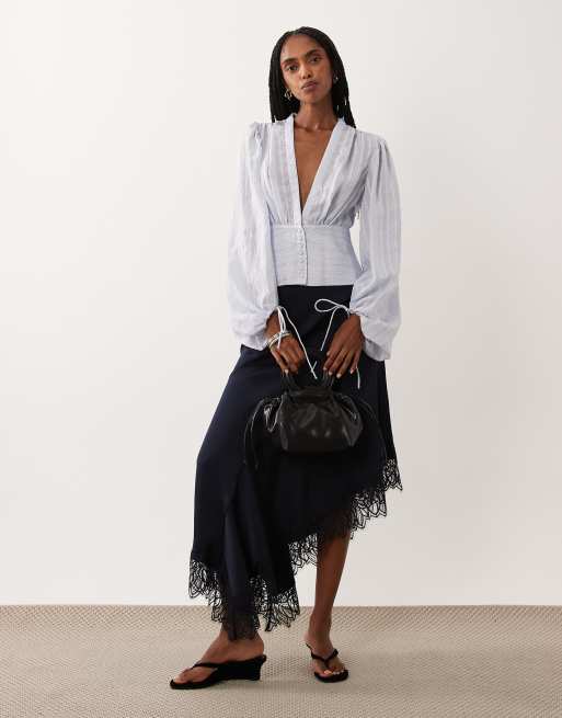 AWARE boho blus med ballongärmar och knappar i blått, 2 av 4