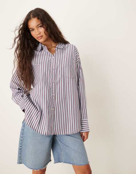AWARE - Bordeaux og blå oversized Oxford-skjorte med bordeaux striber i boyfriend-pasform - view 1