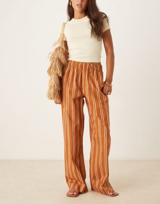 AWARE boxer style wide leg poplin pants in caramel and cream stripe - view 1