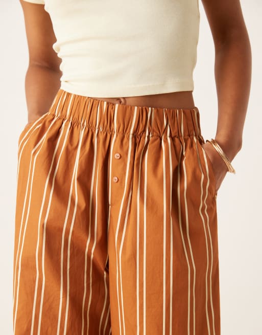 AWARE boxer style wide leg poplin pants in caramel and cream stripes, 3 of 4