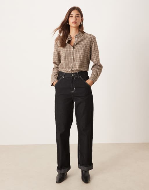 AWARE – Boyfriend-Oxford-Hemd in Beige und Braun mit Oversize-Schnitt und kleinem Karomuster, 4 von 4