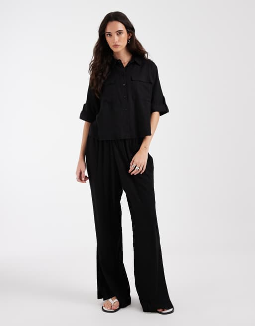 AWARE linen blend sleeve detail safari shirt and wide leg trousers set in black, 2 van 3