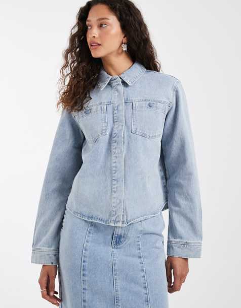 AWARE - Camicia giacca in denim azzurra con bottoni e tasche - view 1