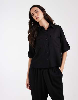 Chemise safari d'ensemble en lin mélangé avec manches fantaisie - Noir L