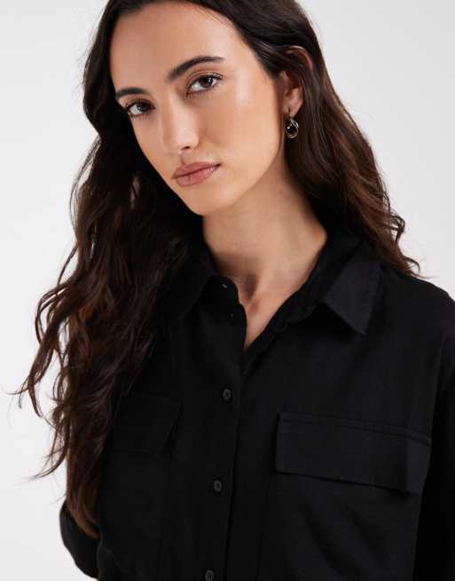 AWARE - Chemise safari d'ensemble en lin mélangé avec manches fantaisie - Noir, 3 de 4
