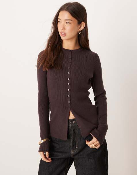 AWARE - Chokoladebrun meleret cardigan i kompakt ribstrik med miniknapper foran - view 1