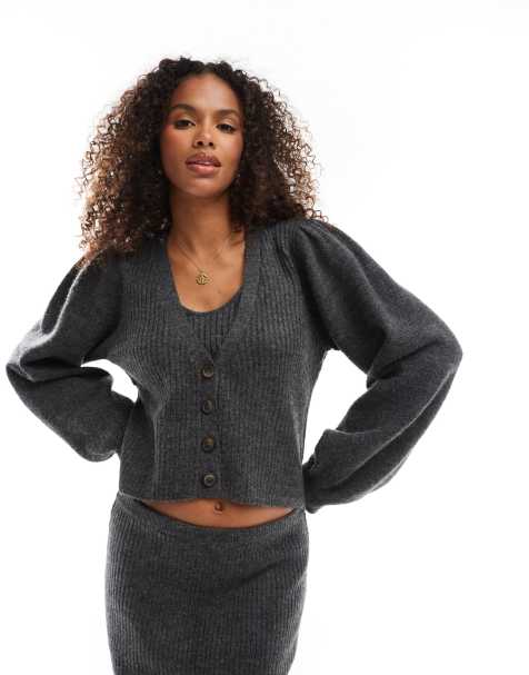 AWARE chunky soft cardigan co-ord in dark grey melange