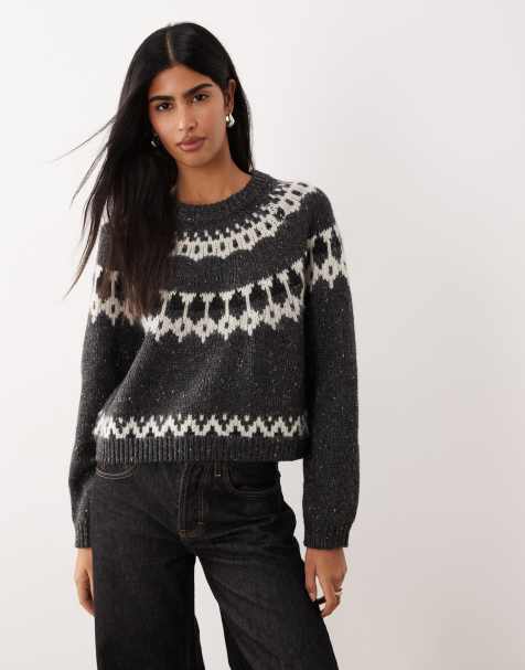 AWARE chunky wool mix fair isle knitted jumper in grey melange - view 1