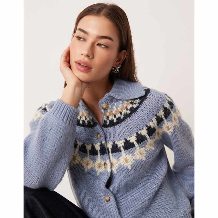 AWARE chunky wool mix fairisle knit polo neck cardigan in