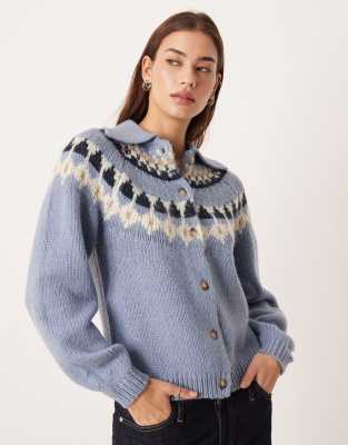 Aware Chunky Wool Mix Fairisle Knit Polo Neck Cardigan In Blue