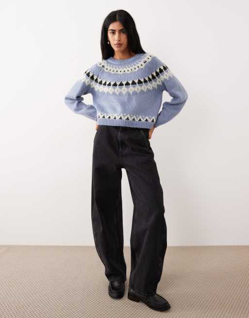 AWARE chunky wool mix fairisle knit sweater in soft blue, 2 of 4