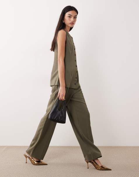 AWARE clean pleat front wide leg trouser co-ord in green - view 1