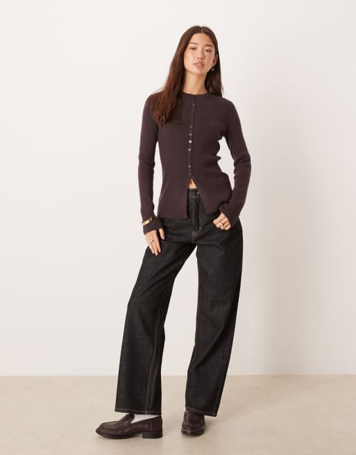 AWARE compact rib knit mini button front cardigan in heathered chocolate, 2 of 4