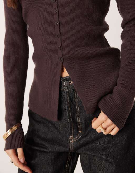 AWARE compact rib knit mini button front cardigan in heathered chocolate, 3 of 4