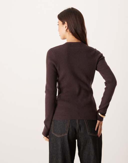AWARE compact rib knitted mini button front cardigan in chocolate melange, 4 of 4