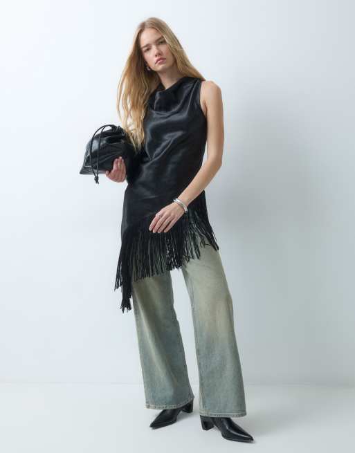 AWARE cowl neck asymmetric tassel detail top in black, 4 of 5