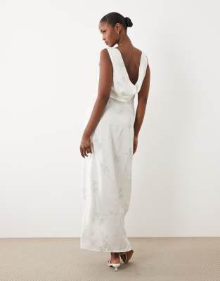 AWARE cowl neck satin maxi dress in white with light green floral 