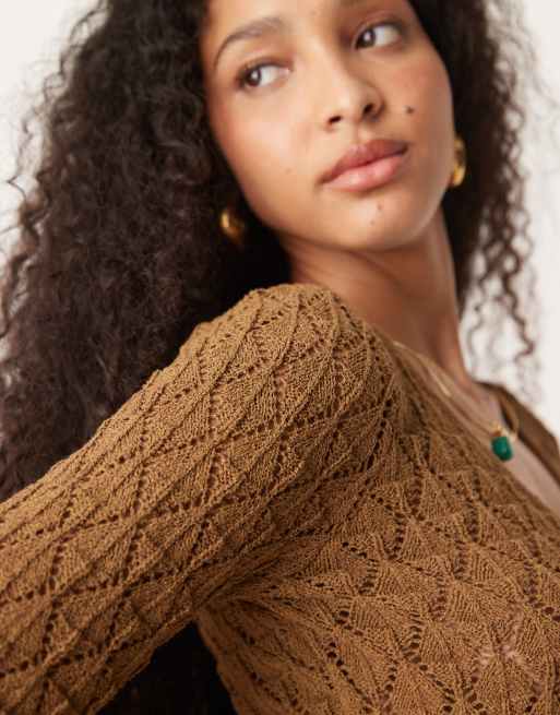 AWARE crochet knit mini dress with wide sleeves in brown, 4 of 4