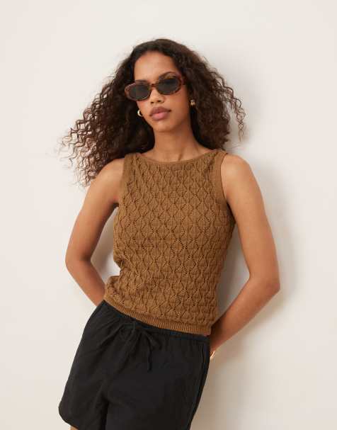 AWARE crochet knit tank top in brown - view 1