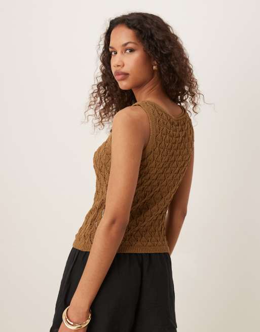 AWARE crochet knit tank top in brown, 2 of 4