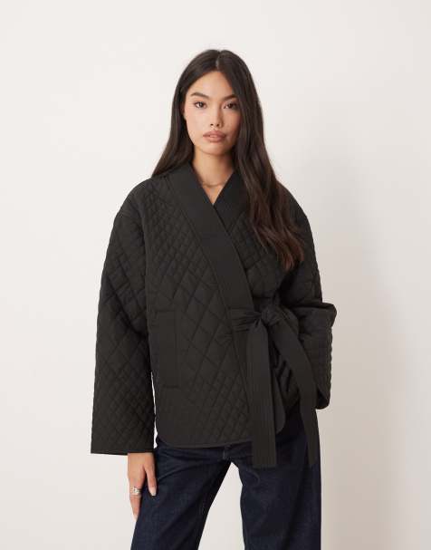 AWARE quilted clean wrap tie side jacket in black