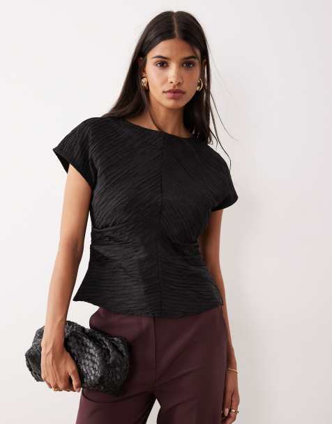 AWARE structured pleated boat neck top in black