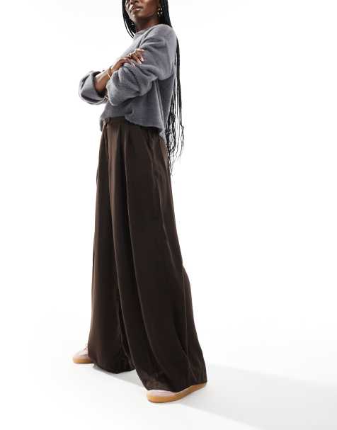 AWARE wide leg pleat front trousers in chocolate brown