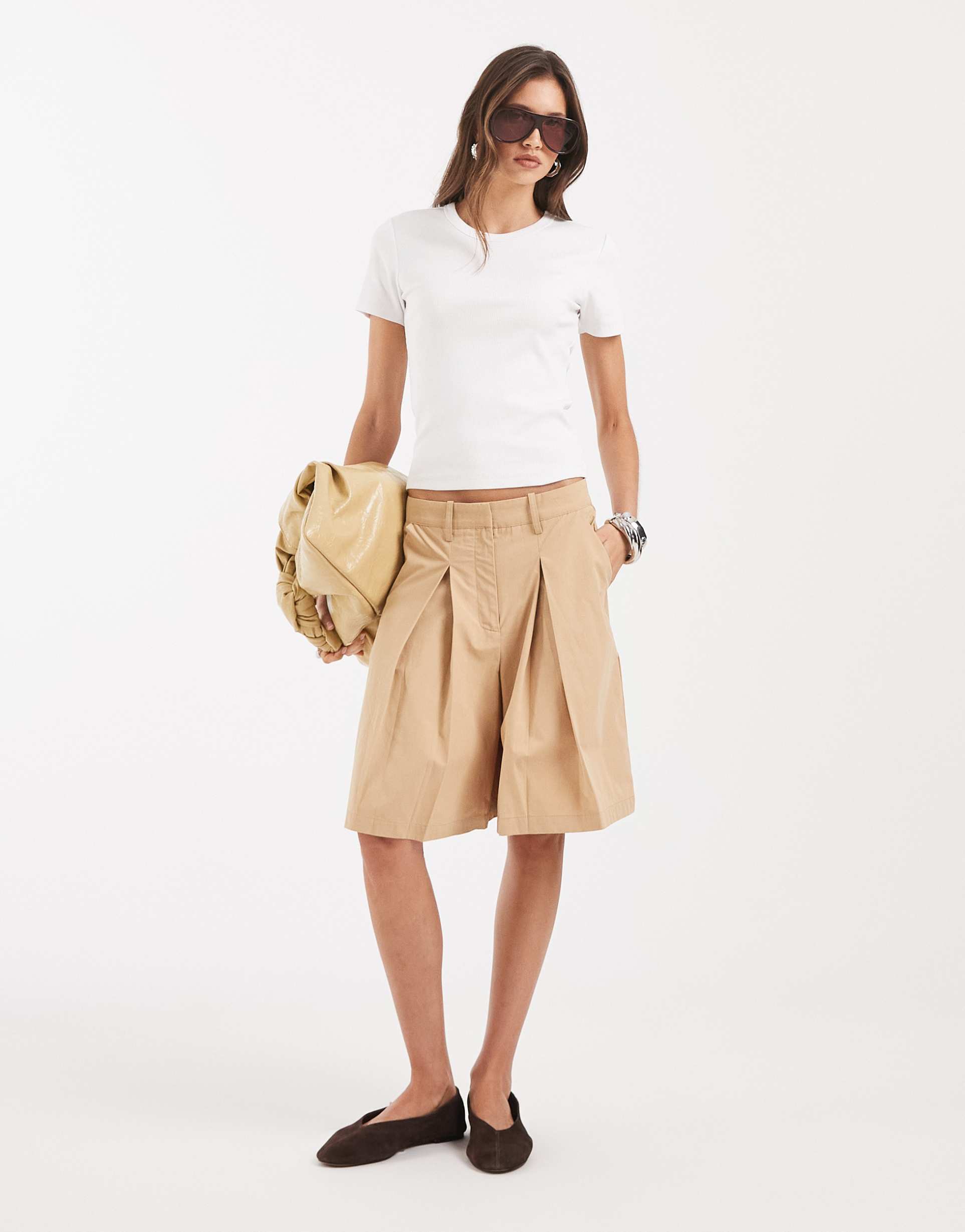aware deep pleated front longline shorts in beige