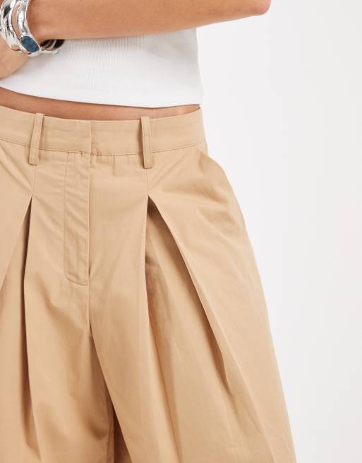 AWARE deep pleated front longline shorts in beige, 3 of 5