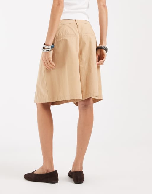 AWARE deep pleated front longline shorts in beige, 4 of 5