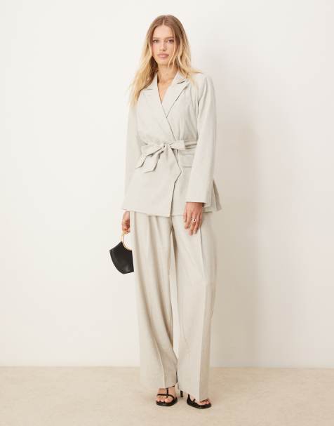 AWARE double breasted belted blazer and loose tailored pants set in light grey - view 1