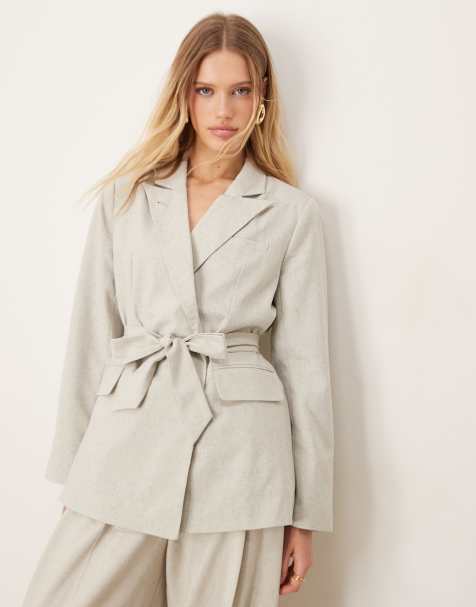 AWARE double breasted belted blazer co-ord in light grey - view 1