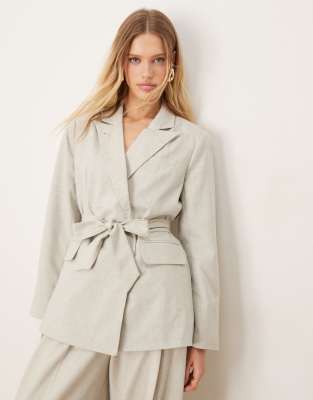 double breasted belted blazer in light gray - part of a set