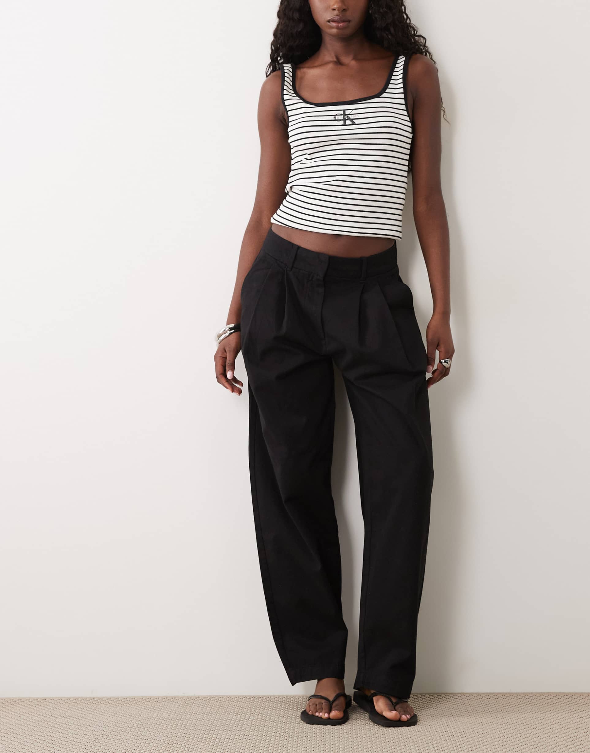 aware double pleat front barrel leg pants in black