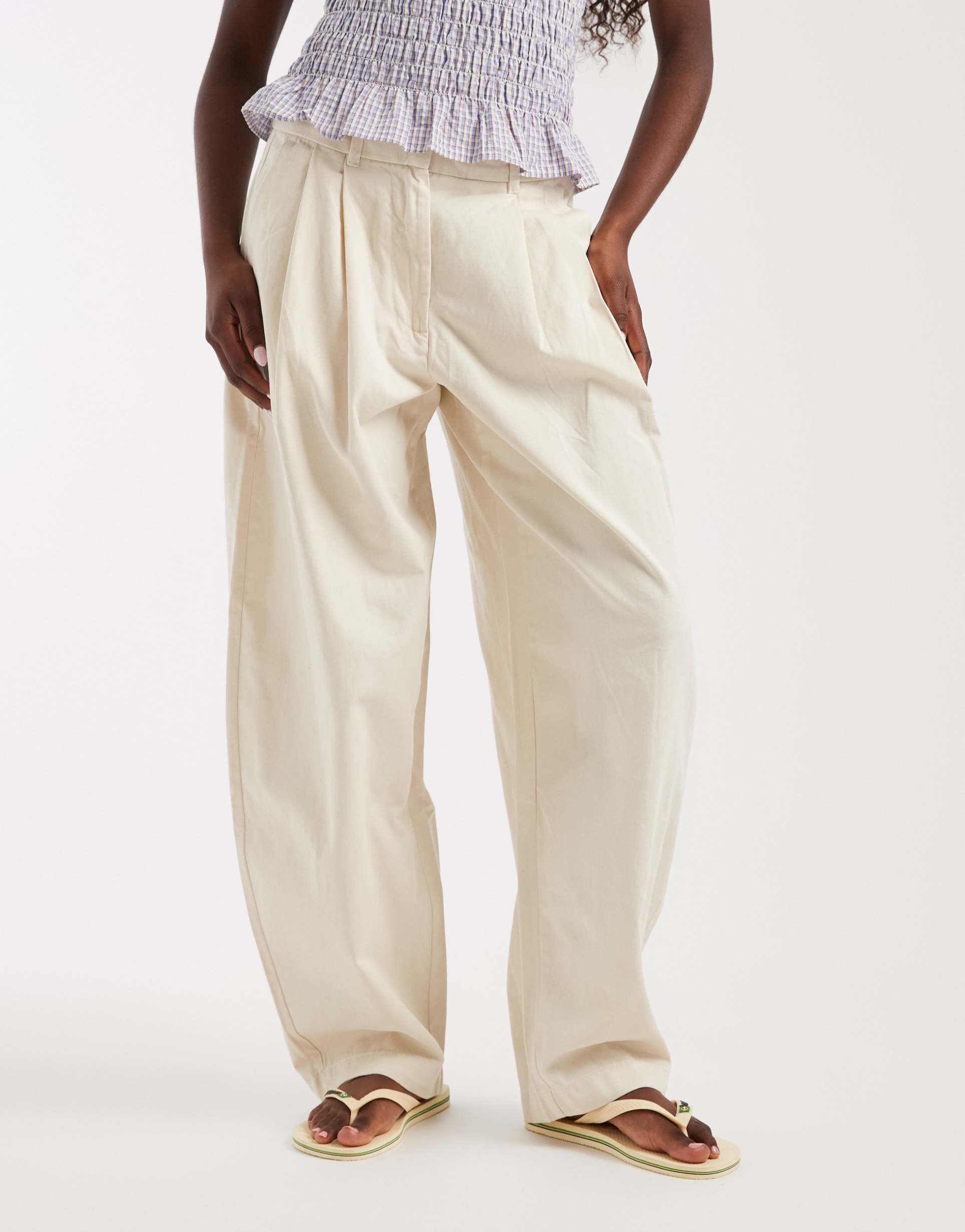 aware double pleat front barrel leg pants in ecru