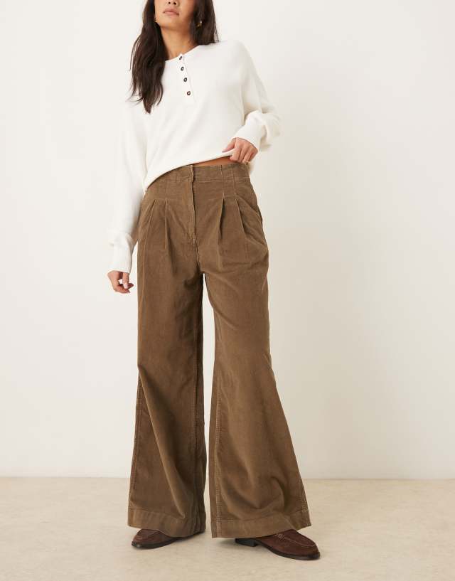 AWARE extra wide leg pleat front corduroy trousers in teak | ASOS