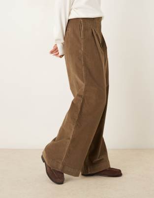 Aware Extra Wide Leg Pleated Front Corduroy Pants In Brown