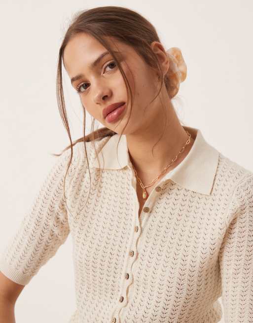 AWARE fine knit polo top in cream ASOS