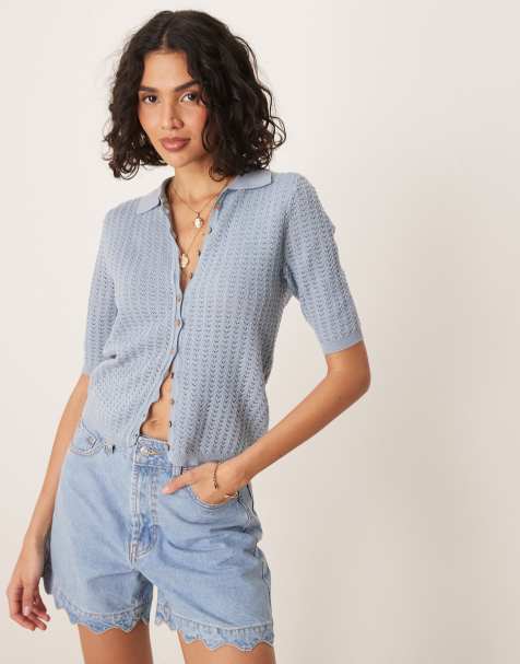 AWARE fine knit polo top in dusty blue - view 1